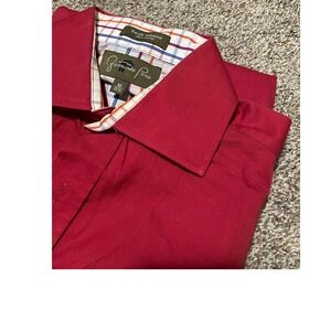 Fernando Pena Mens Red Short Sleeve Button Up Shirt Twill Weave Medium
